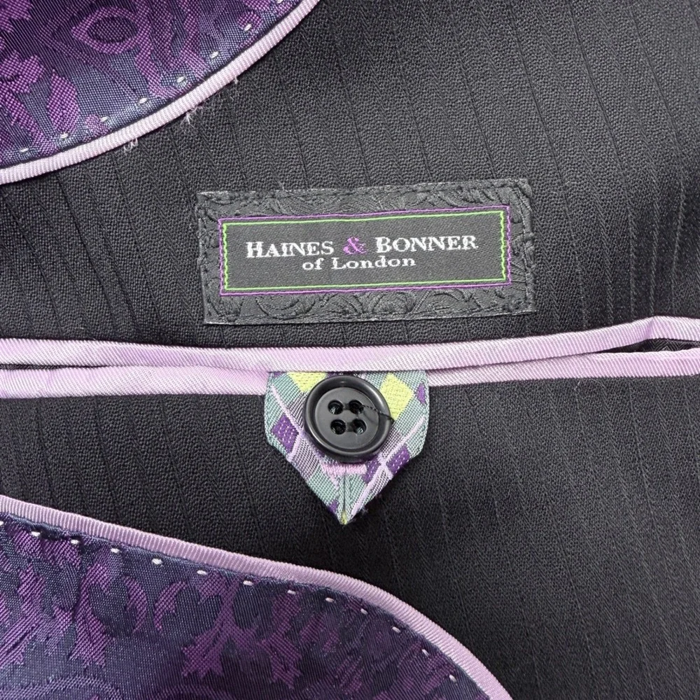 Haines & Bonner London Mens 48R Wool Blazer Black Pinstrip Purple Paisley Lining